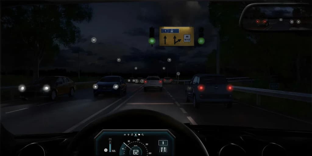 Illustration of night driving with reduced halos around headlights