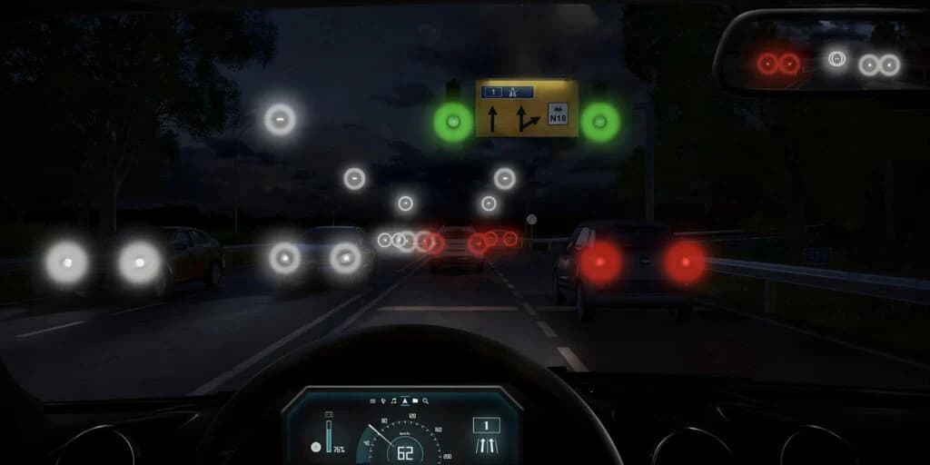 Illustration of night driving with prominent halos around headlights